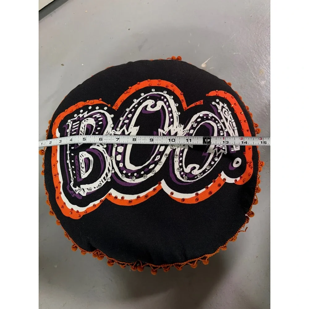 Halloween Boo Round Throw Pillow Black Orange Rhinestone Pom Pom Trim 15 Inch